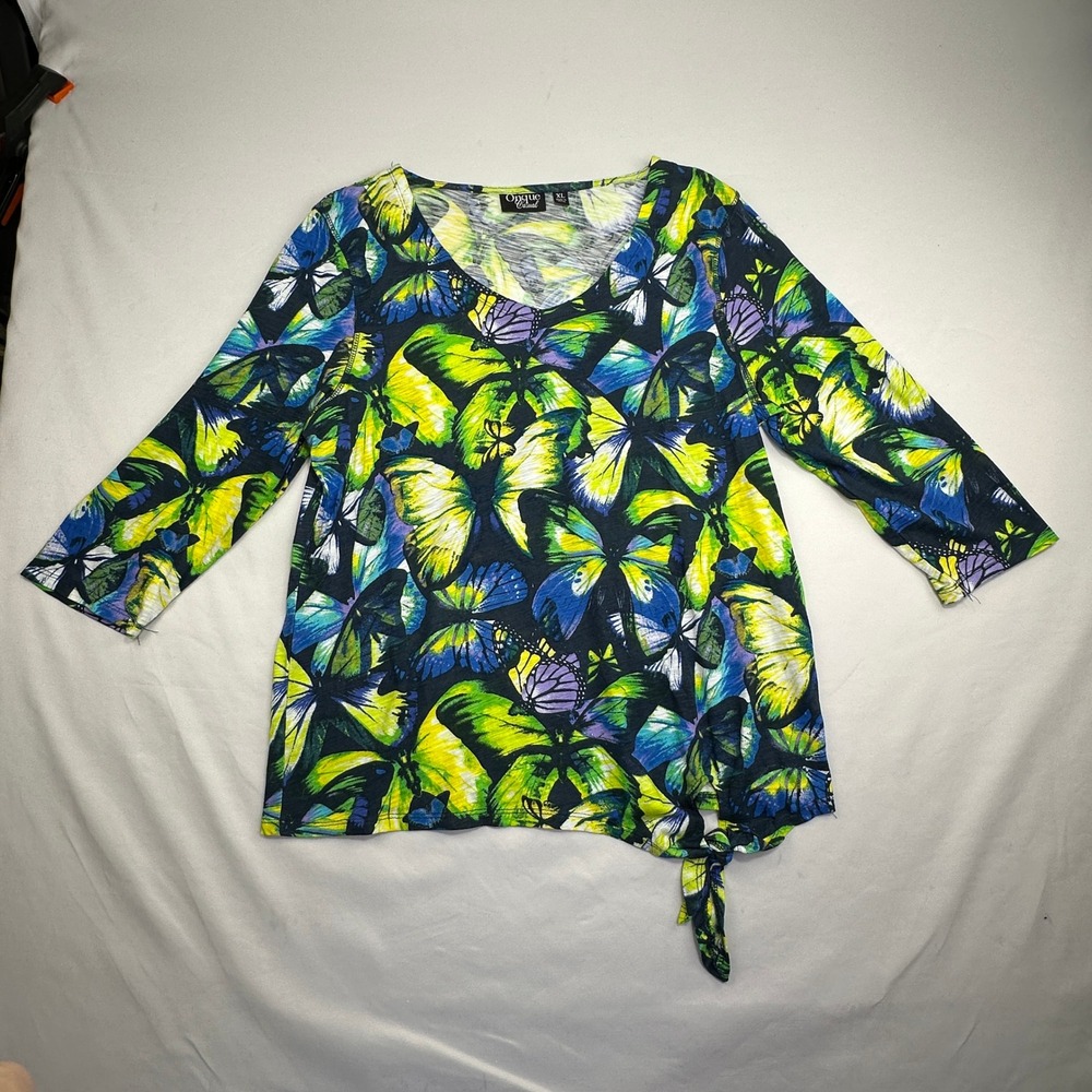 Butterfly Print V-Neck‎ 3/4 Sleeve Onque Casual Side Tie Top Green Blue